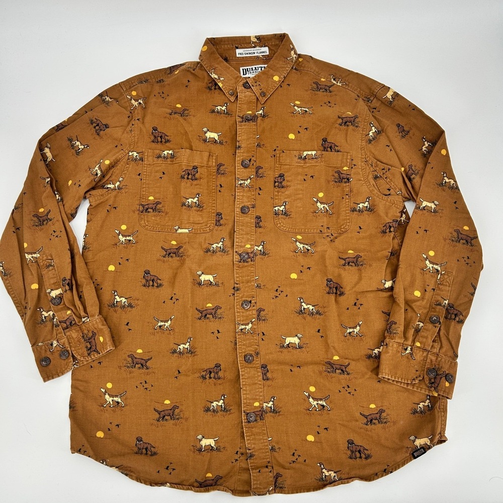 Duluth Trading Hunting Dog Print Flannel Shirt Mens L Tall Outdoor Heritage Prep
